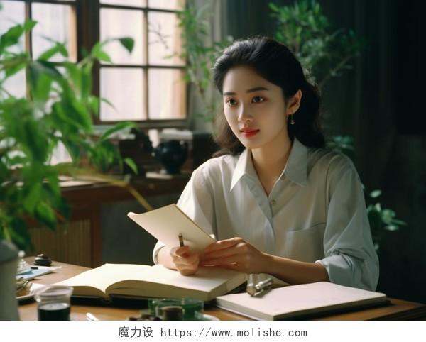 温柔优雅女性女子端正坐在书桌上安静地读书拿笔做笔记看书阅读场景投入学习知识文化世界读书日